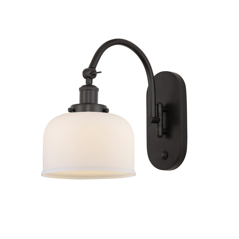 Applique murale articulée en métal 1 lumière avec abat-jour cloche en verre Shauna, Blanc mat, Incandescente, Bronze huilé