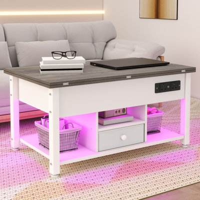  Folding Lifting Coffee Table, 4-In-1 Convertible Table With RGB Light And Type-G Outlets, Light Oak And White