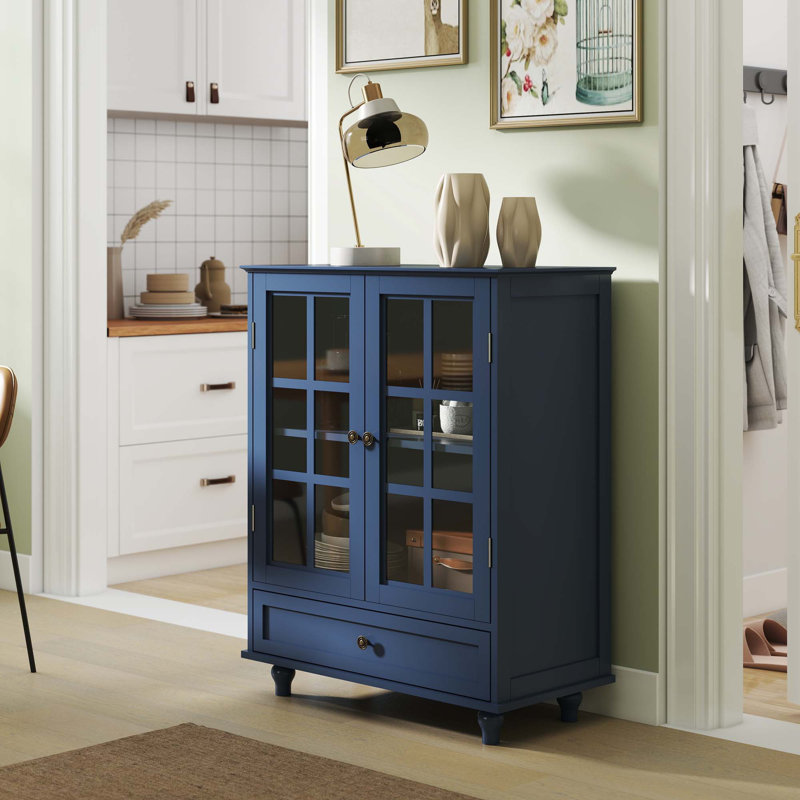 Buffet avec portes à double vitrage et tiroir, Bleu