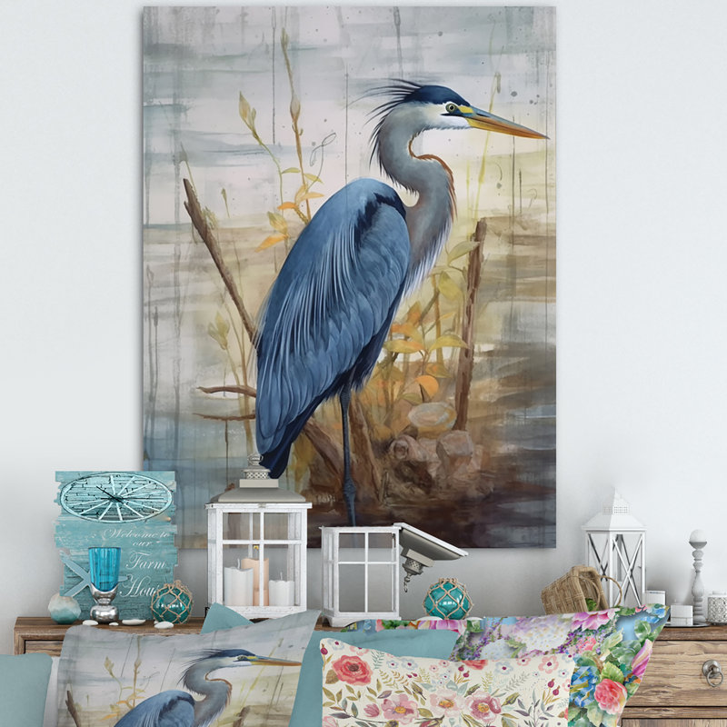 «Blue Heron By The Watersite Watercolor I», art mural oiseau, H 40 po x l 30 po x P 1,5 po, Toile tendue