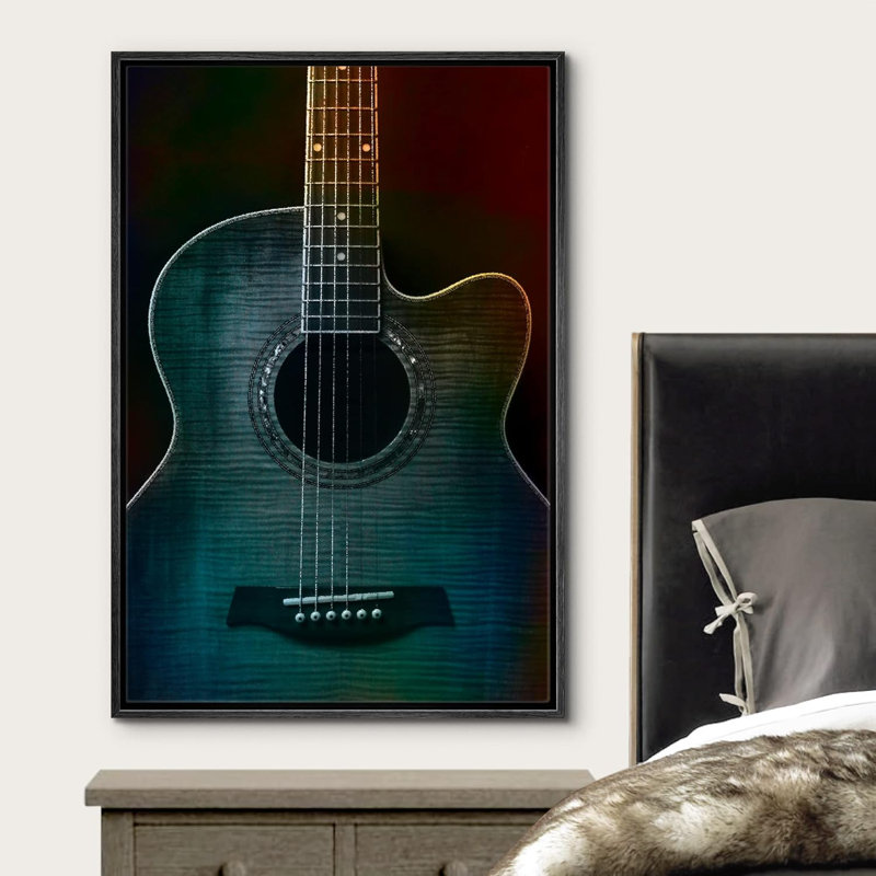 Guitare Painterly sur fond noir magnifique guitare acoustique, Cadre flottant noir, H 24 po x l 16 po