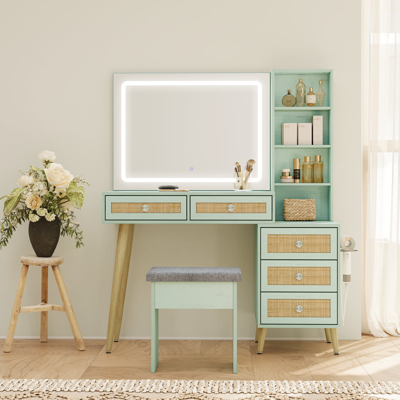 Boho Natural Rattan 43.3'' Wide Vanity With Led Mirror And Stool, Blue