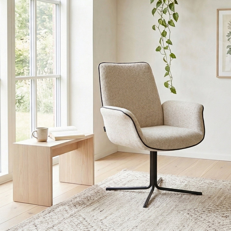 48cm H Boucle Upholstered Metal Armchair, Matte Black, Cream