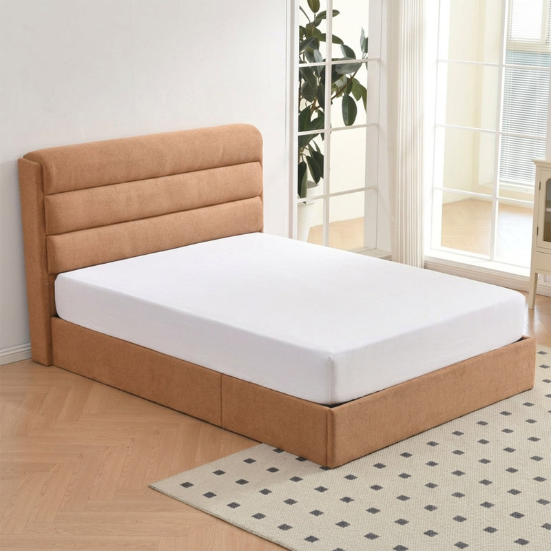 Lit plateforme tapissier avec rangement relevable, Grand, Jaune Ginkgo