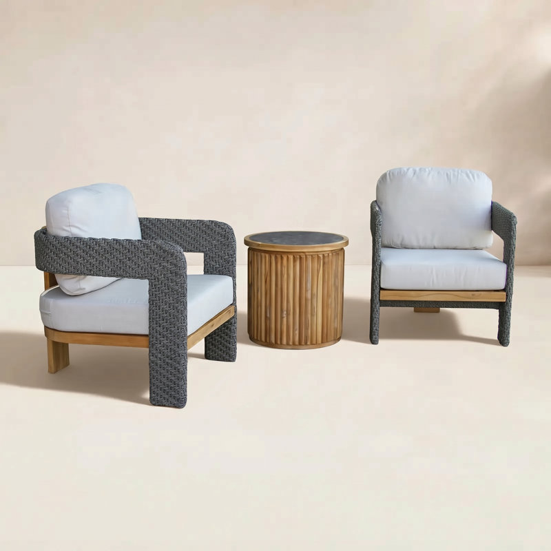 Estate 3 pièces Ensemble de conversation moderne en osier avec table d'appoint en pierre frittée