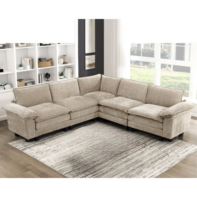 Modern Contemporary 5-Piece Modular Sectional Sofa Set Plush Comfort Taupe Chenille Upholstery Living Room Furniture Durable Plywood
