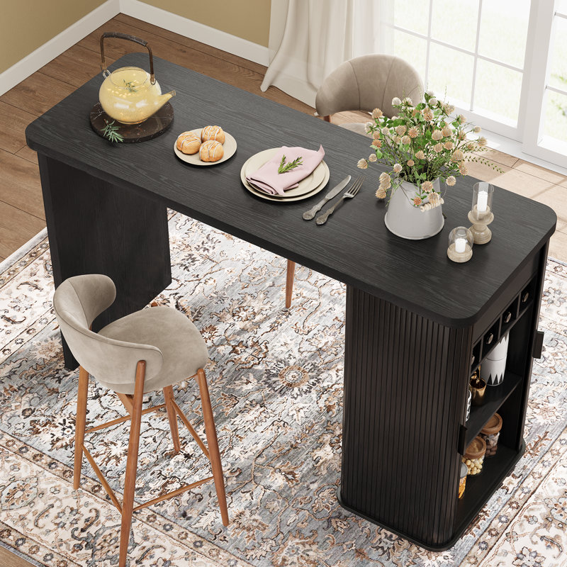 Îlot de cuisine 59 po en bois avec rangement, table de bar rectangulaire avec tiroir et support à vin, Noir