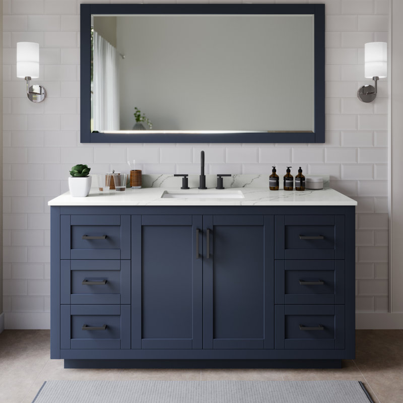Meuble-lavabo simple autoportant de 66 po avec plateau en quartz Miranda, Quartz Giotto, Bleu foncé, Noir mat