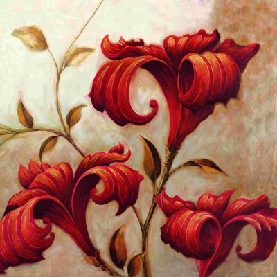Curly Red Floral 3 - peinture sur toile tendue