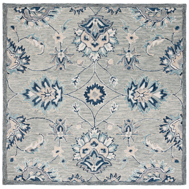 Saguenay Micro-Loop Hand Tufted Wool/Cotton Floral Rug in Blue, Square 5'