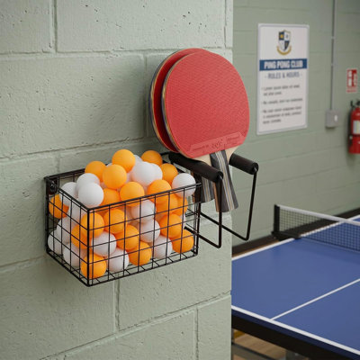 Wide Table Tennis Equipment Organizer Rack, Wall Mounted Metal Paddle Holder with Ping Pong Ball Storage