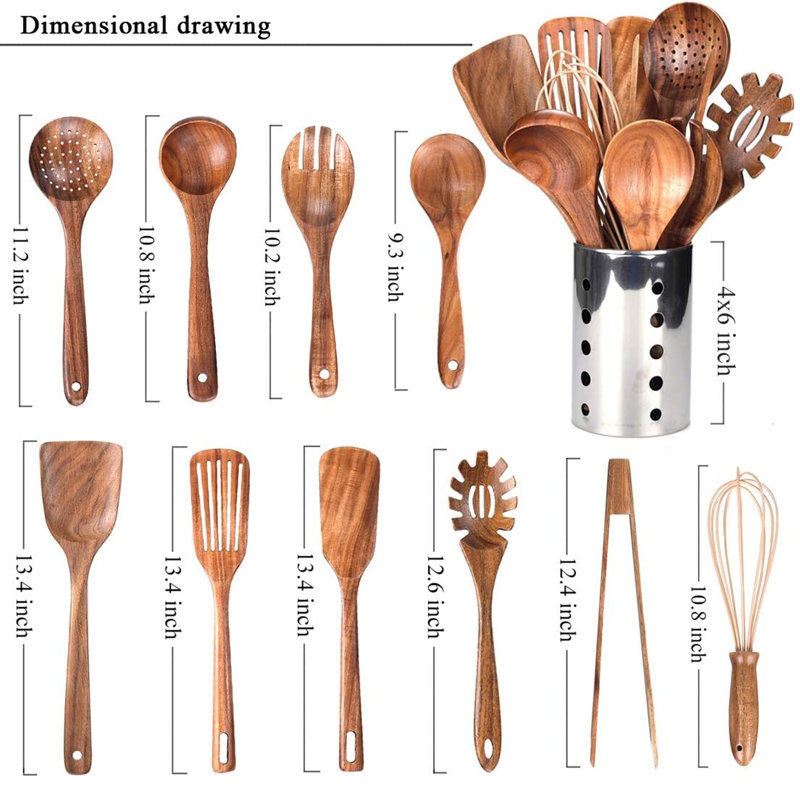 Ensemble d'ustensiles de cuisine 11 pièces, ensemble d'ustensiles de cuisine en bois