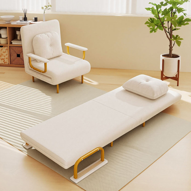 Chaise pliante convertible 3 en 1, dossier réglable à 5 positions avec coussin, Blanc, Brun