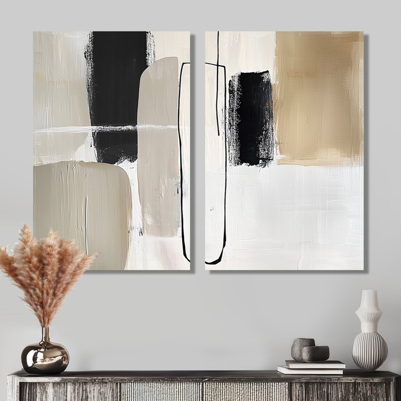 «Minimal and Geometric Compositions In Nature Tones - Midcentury Modern Art, Black Mid-Century Modern, reproduction sur toile 2 pièces