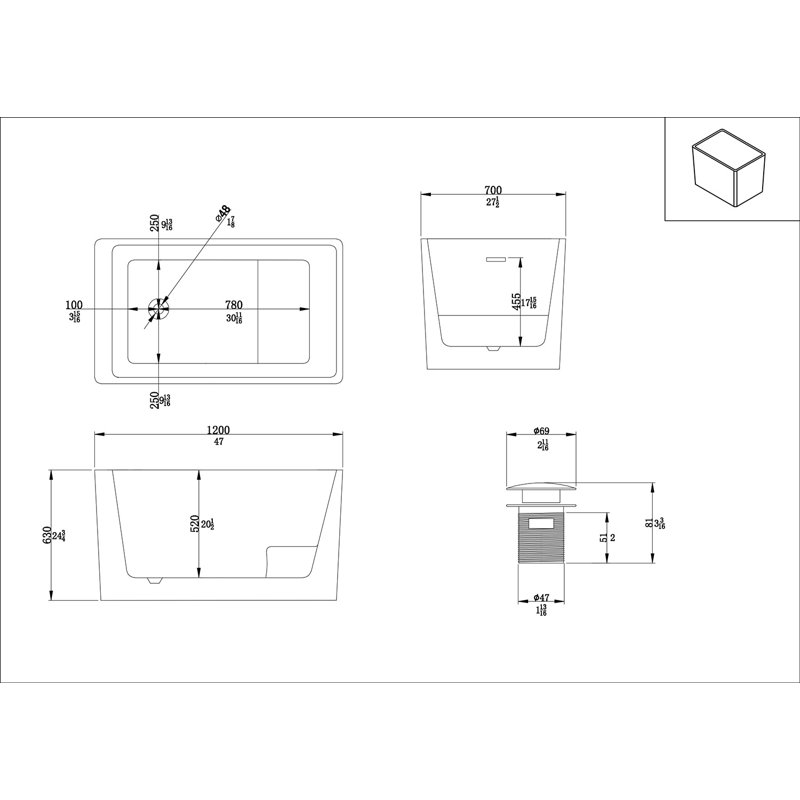 47'' White Acrylic Freestanding Rectangular Soaking Bathtub