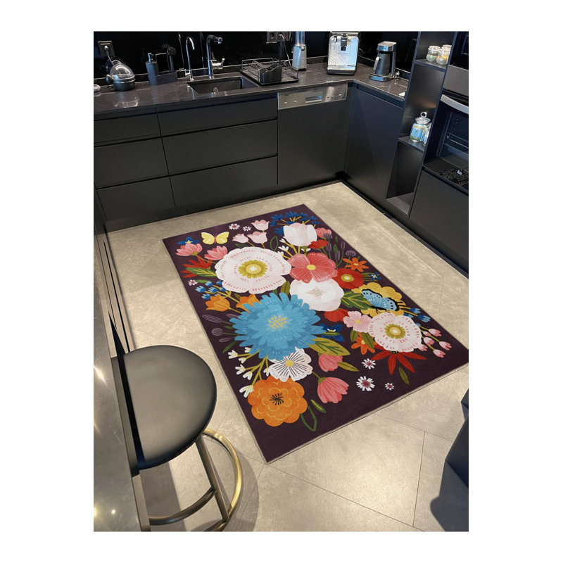 Tapis décoratif moderne et multicolore gris foncé à motif floral rose lavable à la machine