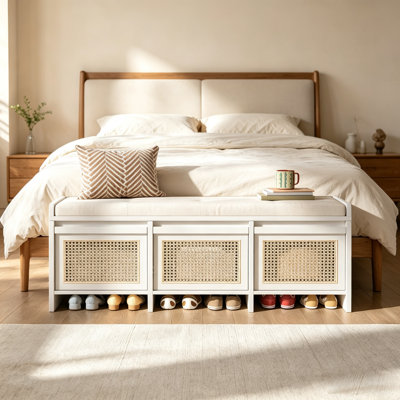 48" Upholstered Storage Bench with Rattan Drawers & Safety Lift Top
