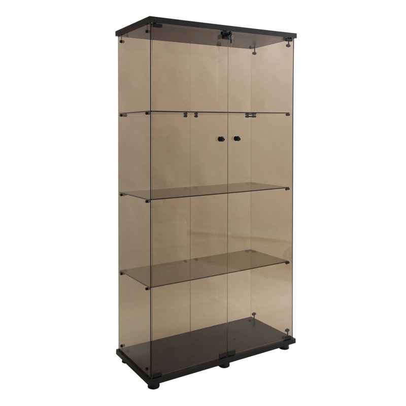 Vitrine lumineuse en verre à deux portes avec 4 tablettes, brun, Noir / brun