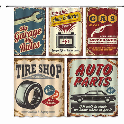 Retro Garage Car Shower Curtain - 1950s Nostalgic Bathroom Decor, Antique Car Accessories, Polyester Fabric,  Red