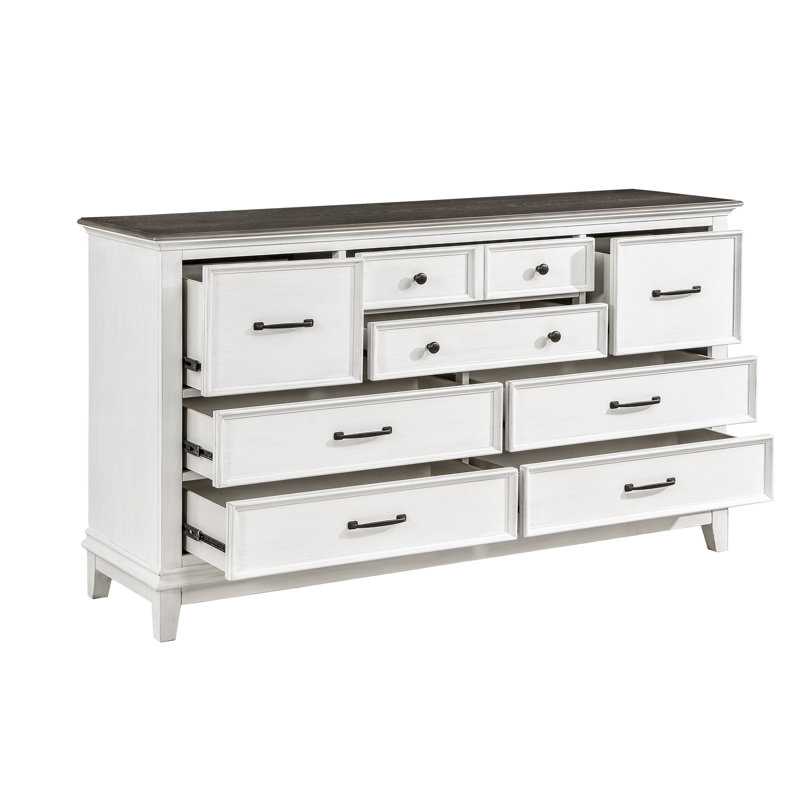Commode Woki de 66 po de largeur, 9 tiroirs, blanc antique et bois massif brun
