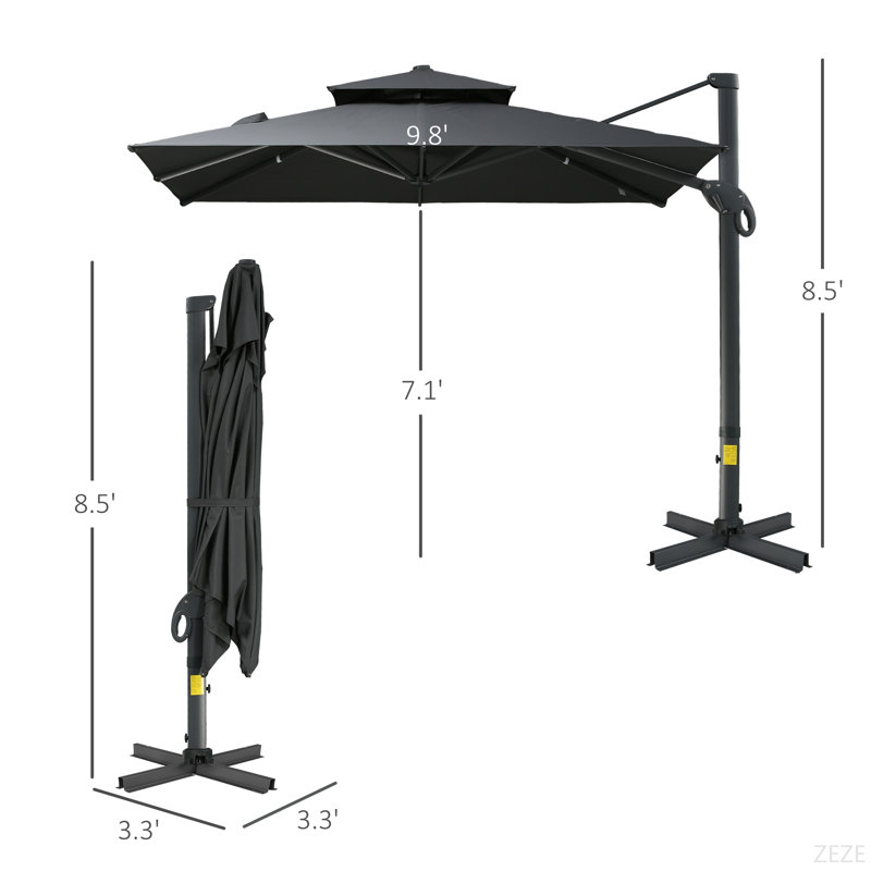 Parasol de patio décalé 10 pi, porte-à-faux suspendu, forme carrée, base en aluminium croisée, inclinable, rotation à 360 degrés