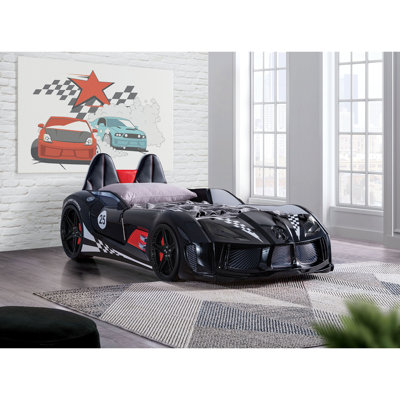 Novelty Modern Twin Bed Featuring Race Car Design, Led Lights On Wheels And Remote - Controlled Sounds Black With Embedded Headlights As Night