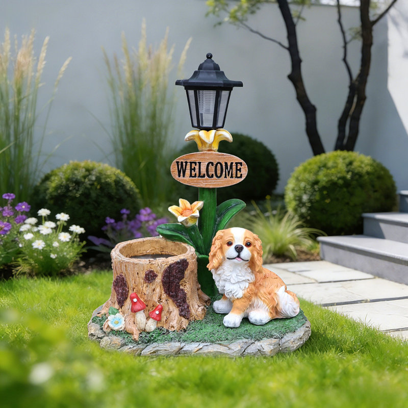 Statue de jardinière lanterne solaire chien assis