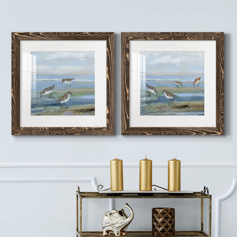 Seabird Beach I - ensemble de 2 peintures, H 17 po x l 34 po x P 1,5 po, Papier avec cadre noyer