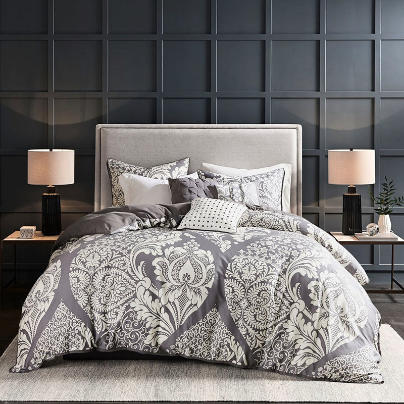 Transitional Cotton Duvet Cover With Solid Back And Button Closure 6 Piece Printed Intricate Details