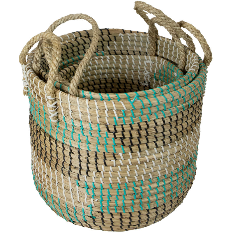 Natural Woven Seagrass Basket with Teal Black and White Accents