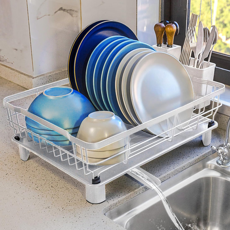 1 Tier Space Saving & Rustproof Kitchen Dish Drying Rack with Utensil Holder, Black