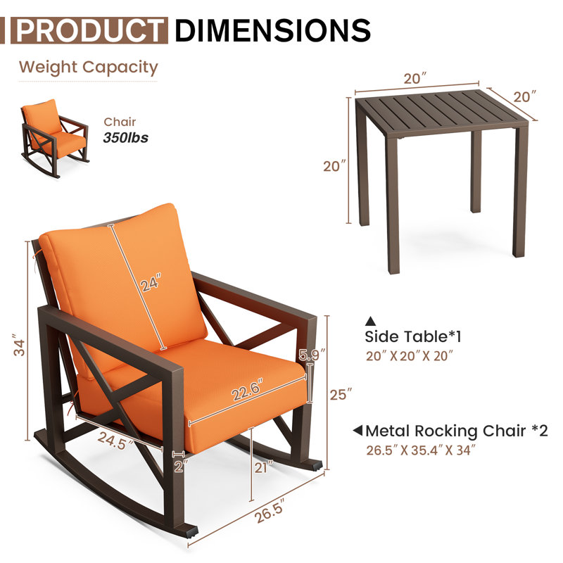 Chaise berçante d'extérieur 3 pièces avec coussins, Orange