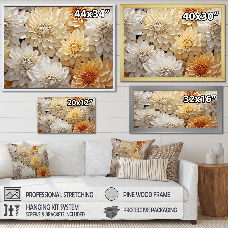 Minimalisme des mamans en fleurs en beige et blanc, H 24 po x l 32 po x P 1 po, Cadre simple argenté
