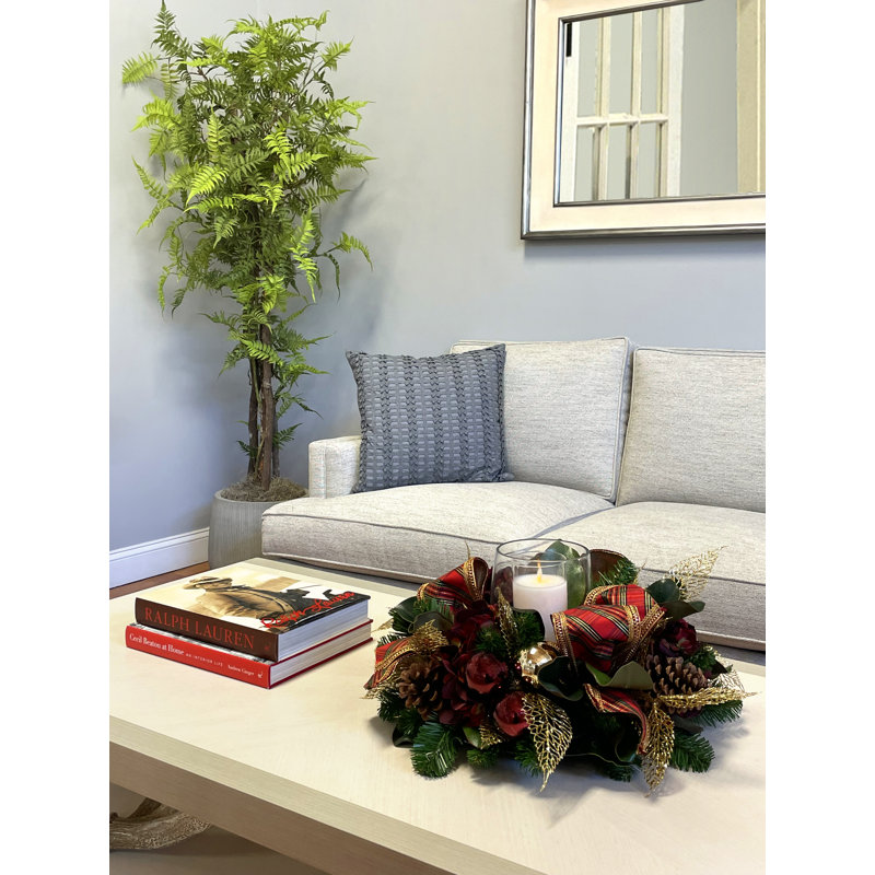 Ember Holiday Candleholder Decorated with Hydrangeas, Ornaments and Bows