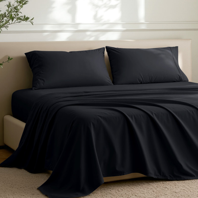 Ensemble de draps en microfibre avec taies d'oreiller, Ensemble de draps pour très grand lit avec 2 taie, Noir
