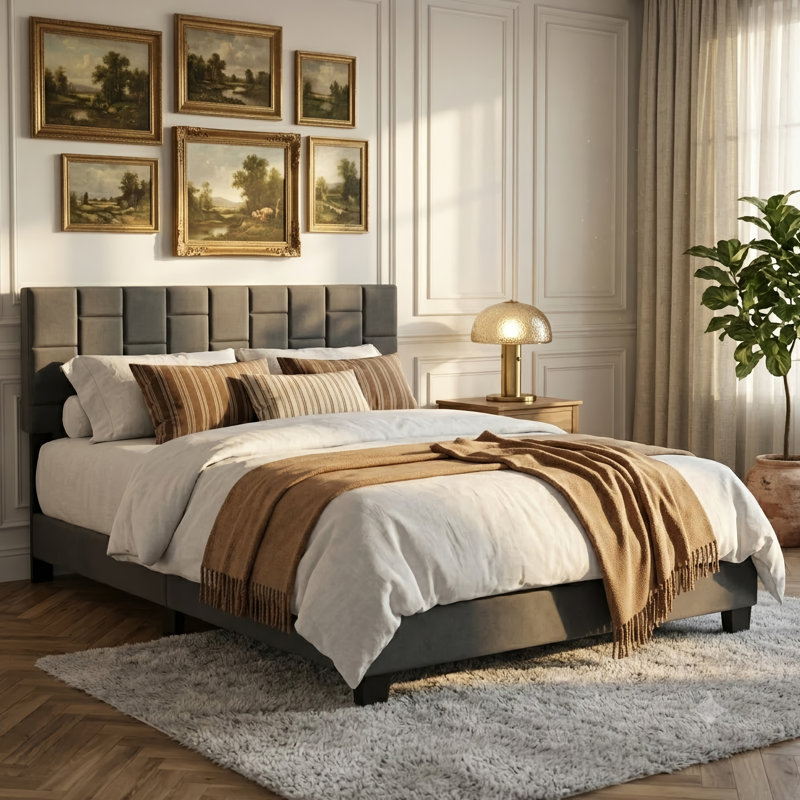 Velvet Platform Bed Frame With Upholstered Headboard, Queen, Gray