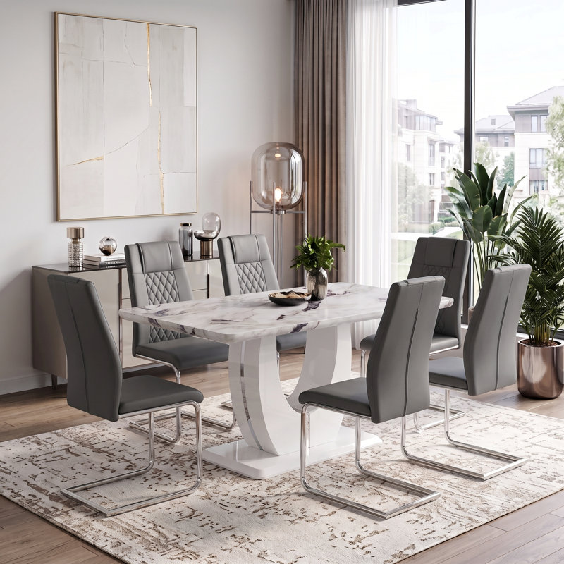 63" Dining Room Table Set,Modern Dining Room Table Set with Faux Leather Chairs, 7 Pieces: Table, 6 Chairs, Dark Gray