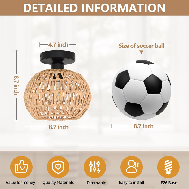 8.7 Inch Mini Rattan Light Fixtures Ceiling Boho Light Fixtures Wicker Ceiling Light Hand Woven Ceiling Light Fixtures Flush Mount Ceiling Light With Woven Shade For Hallway Bedroom