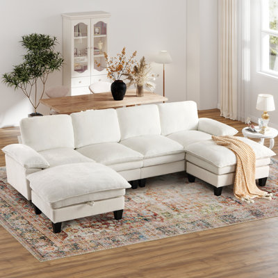 Elanora 122"W Spacious Sectional Sofa With Dual-Layer Cushions & Ottomans by Latitude Run