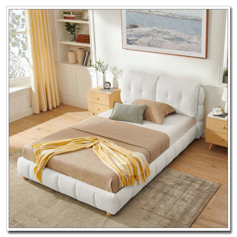 Lit plateforme en tissu crème de style bouclé, Grand lit