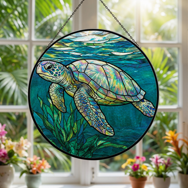 Panneau de vitrail de tortue de mer 12 "H 12", H 12 po x l 12 po