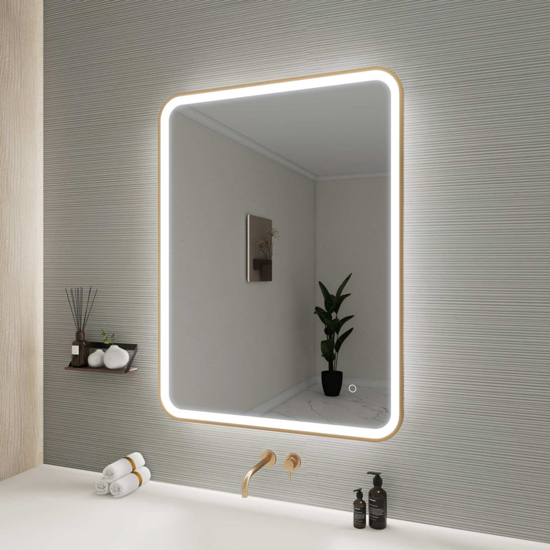 40 Inch Rectangle LED Front and Backlit Wall Mirror in Satin Gold, Satin Gold, 40" x 30"