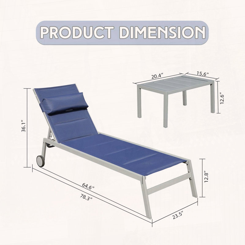 Ensemble de 3 chaises longues d'extérieur en aluminium avec table d'appoint et roulettes, Marine