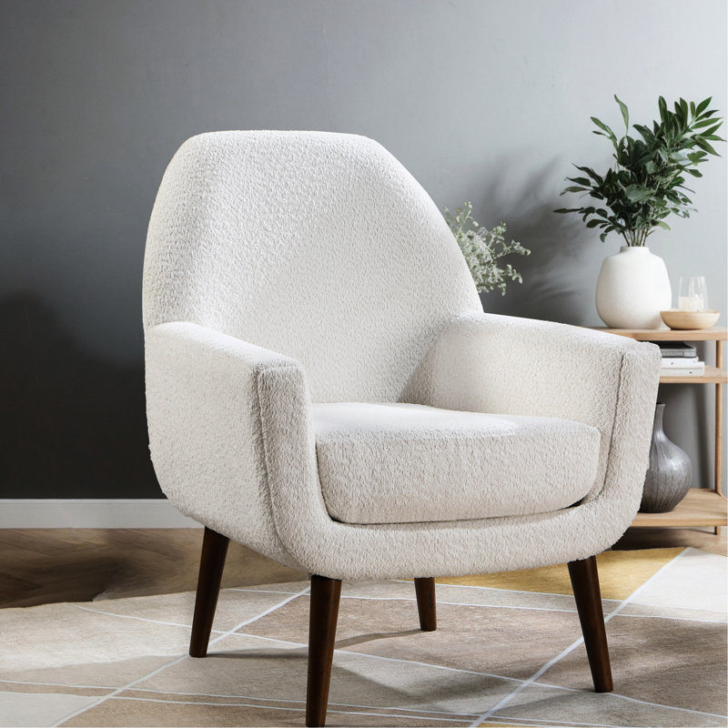 Fauteuil Boucle, coussin rembourré de mousse, pieds en bois massif, style Mid-Century avec boucle, siège en mousse, blanc