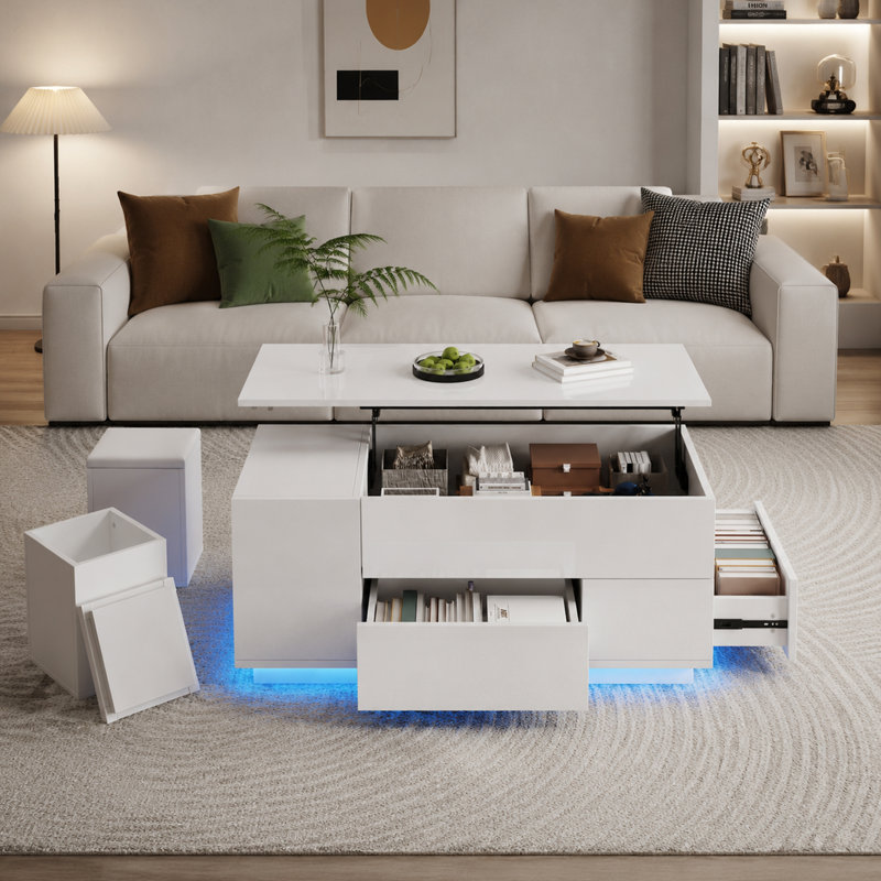 Table basse réglable en hauteur 4 en 1 avec 2 tabourets à DEL et tiroir de rangement, Blanc