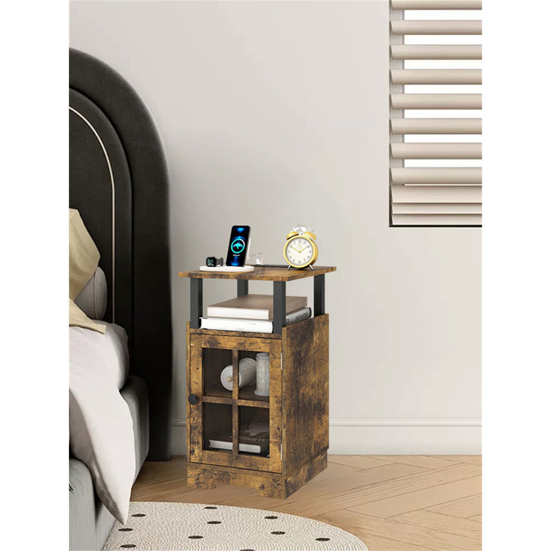 Multi-Functional Bedside Table With Charging Station & Storage, Brown