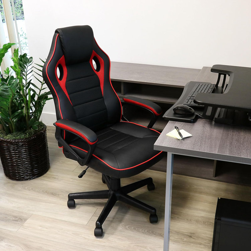  High Back Faux Leather Office Chair – Ergonomic Adjustable Desk Chair With Mesh Fabric, Red Trim, And Padded Armrests