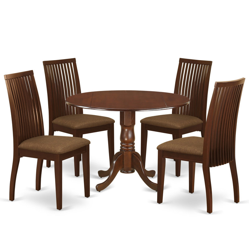 5 Piece Modern Dining Table Set Includes a Round Wooden Table with Dropleaf and 4 Linen Fabric Dining Room Chairs, 42x42 Inch, Mahogany