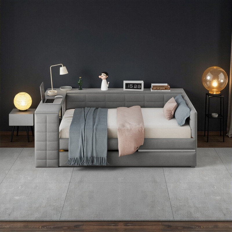 Lit de jour 88,5 po avec lit gigogne avec rangement et gigogne 88,5 po, Gris