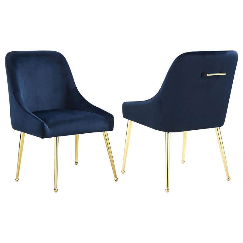 2 chaises à oreilles bleu foncé - pieds dorés, siège de chaise de construction moderne (2)